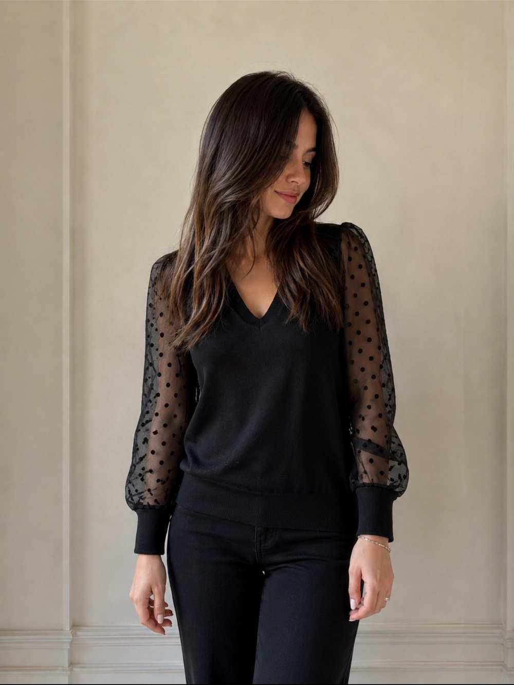 Ophelia Roe Black Sweater Top Sheer Polka Dot Puff Sleeves SizeL NWT